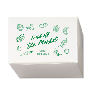 For when you need to bundle good for party favors at your next bachelorette event, look no further than the Fresh Off The Market Bachelorette Cake Box. With an array of super market goods, there is no better way to show you are hitched! Easily customize the design with your name and details to make a memorable gift.