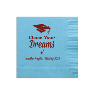 For when you need the perfect accessory for your graduate's big day, look no further than the Chase Your Dreams Graduation Napkin. The customizable design fits all your needs for the upcoming graduation season.