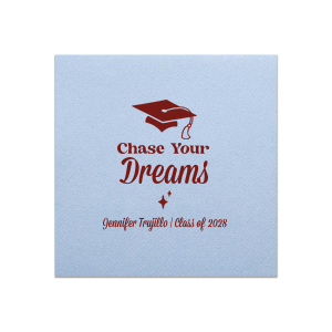 For when you need the perfect accessory for your graduate's big day, look no further than the Chase Your Dreams Graduation Napkin. The customizable design fits all your needs for the upcoming graduation season.