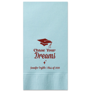 For when you need the perfect accessory for your graduate's big day, look no further than the Chase Your Dreams Graduation Napkin. The customizable design fits all your needs for the upcoming graduation season.