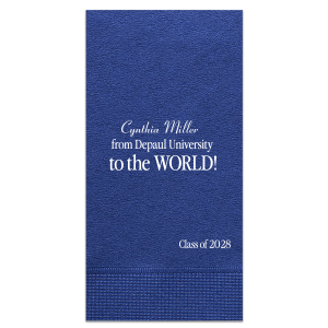 For the special graduate student in your life look no further than the From College To The World Graduation Napkin. Create a one of kind design specifically for the graduate in your life, complete with personalized details, all with your choice of color and styles.