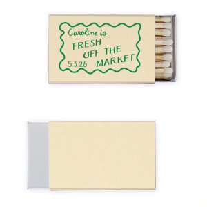 The She is Fresh Off The Market Framed Matchbook features the ever popular scalloped frame around personalized text. Easily customize the design in your choice of paper and foil color to match your party going needs. 
