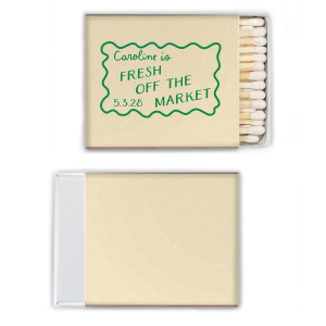 The She is Fresh Off The Market Framed Matchbook features the ever popular scalloped frame around personalized text. Easily customize the design in your choice of paper and foil color to match your party going needs. 