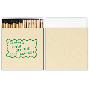 The She is Fresh Off The Market Framed Matchbook features the ever popular scalloped frame around personalized text. Easily customize the design in your choice of paper and foil color to match your party going needs. 