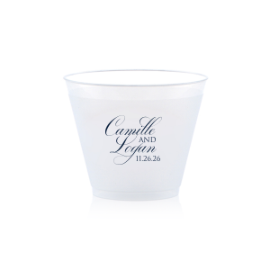 The Elegant Swirl Script Names Cup showcases the couple’s names in a fancy, swirling script, elegantly intertwined for a sophisticated touch. Stacked artistically, this design radiates elegance, adding a uniquely graceful accent to any celebration.