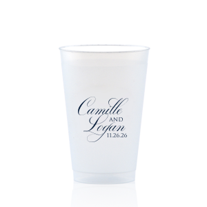The Elegant Swirl Script Names Cup showcases the couple’s names in a fancy, swirling script, elegantly intertwined for a sophisticated touch. Stacked artistically, this design radiates elegance, adding a uniquely graceful accent to any celebration.