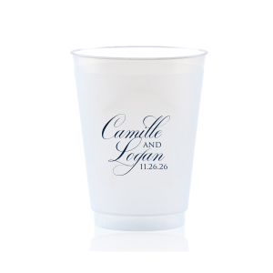 The Elegant Swirl Script Names Cup showcases the couple’s names in a fancy, swirling script, elegantly intertwined for a sophisticated touch. Stacked artistically, this design radiates elegance, adding a uniquely graceful accent to any celebration.