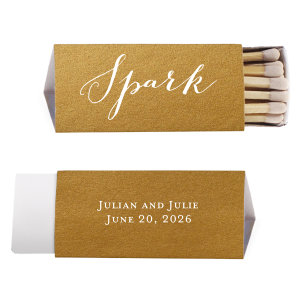 Ignite memories with the Romantic Spark Matchbox, a symbol of love's bright beginning. The front features "Spark" in a playful script, evoking the vibrant energy of a great relationship. On the back, the couple's names in bold block letters and the event date complete this simple yet striking keepsake, perfect for commemorating the day love ignited.