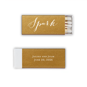 Ignite memories with the Romantic Spark Matchbox, a symbol of love's bright beginning. The front features "Spark" in a playful script, evoking the vibrant energy of a great relationship. On the back, the couple's names in bold block letters and the event date complete this simple yet striking keepsake, perfect for commemorating the day love ignited.
