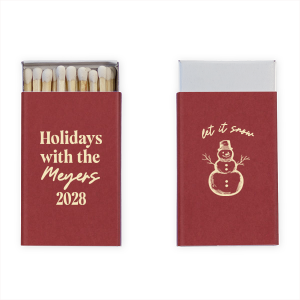 Personalized Natural Scarlet Classic Matchbox (Foil) with Matte Ivory Foil has a Snowman graphic and is good for use in Outdoors themed parties and can't be beat. Showcase your style in every detail of your party's theme!