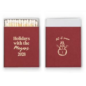 Personalized Natural Scarlet Classic Matchbox (Foil) with Matte Ivory Foil has a Snowman graphic and is good for use in Outdoors themed parties and can't be beat. Showcase your style in every detail of your party's theme!
