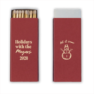 Personalized Natural Scarlet Classic Matchbox (Foil) with Matte Ivory Foil has a Snowman graphic and is good for use in Outdoors themed parties and can't be beat. Showcase your style in every detail of your party's theme!