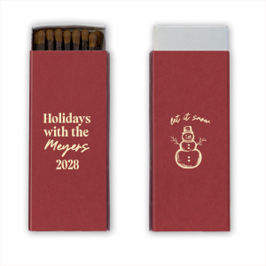 Personalized Natural Scarlet Classic Matchbox (Foil) with Matte Ivory Foil has a Snowman graphic and is good for use in Outdoors themed parties and can't be beat. Showcase your style in every detail of your party's theme!