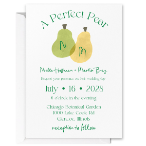 Our custom Digital White Invitation (Photo + Foil) with Matte Leaf Ink Digital Print Colors has a Perfect Pear Color graphic and is good for use in Wedding, Food themed parties and can be customized to complement every last detail of your party.