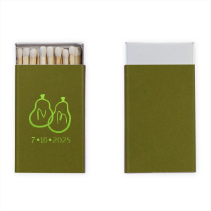 A Perfect Pear Matchbook is as sweet as can be, making a wonderful design representing a fruitful future. The customizable design is readily available in your choice of foil stamp and paper colors to best match the vibes of your next celebration; be it wedding, engagement or bridal shower.