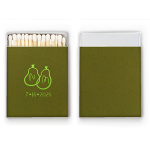 A Perfect Pear Matchbook is as sweet as can be, making a wonderful design representing a fruitful future. The customizable design is readily available in your choice of foil stamp and paper colors to best match the vibes of your next celebration; be it wedding, engagement or bridal shower.