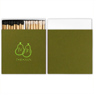 A Perfect Pear Matchbook is as sweet as can be, making a wonderful design representing a fruitful future. The customizable design is readily available in your choice of foil stamp and paper colors to best match the vibes of your next celebration; be it wedding, engagement or bridal shower.