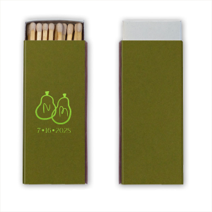 A Perfect Pear Matchbook is as sweet as can be, making a wonderful design representing a fruitful future. The customizable design is readily available in your choice of foil stamp and paper colors to best match the vibes of your next celebration; be it wedding, engagement or bridal shower.