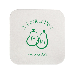 A Perfect Pear Coaster is customizable to your personal needs, making it a valued addition to your wedding or engagement event. The foil stamp design comes readily in a variety of covers printed directly onto the absorbent pulp board available in several unique shapes.