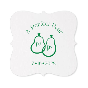 A Perfect Pear Coaster is customizable to your personal needs, making it a valued addition to your wedding or engagement event. The foil stamp design comes readily in a variety of covers printed directly onto the absorbent pulp board available in several unique shapes.