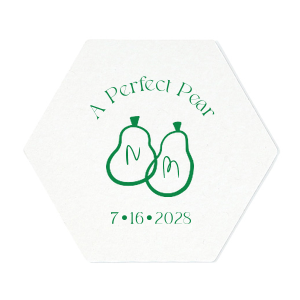 A Perfect Pear Coaster is customizable to your personal needs, making it a valued addition to your wedding or engagement event. The foil stamp design comes readily in a variety of covers printed directly onto the absorbent pulp board available in several unique shapes.