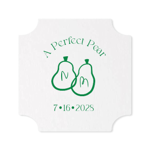A Perfect Pear Coaster is customizable to your personal needs, making it a valued addition to your wedding or engagement event. The foil stamp design comes readily in a variety of covers printed directly onto the absorbent pulp board available in several unique shapes.