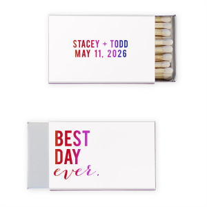 The Stacked Best Day Ever Name and Date Wedding Match design blends boldness and whimsy. One side features the couple's names and event date in striking block letters. On the back, bold block type contrasts with playful handwritten script, underlining the joy and definitiveness of this unparalleled day.