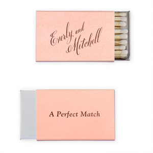 Embrace the glamour of old Hollywood with the Elegant Script Names Matchbox design featuring the couple's names in a lavish script angled across the front. Turn it over for a playful twist with "A Perfect Match" in crisp block letters, adding a contemporary nod to a timeless love story.