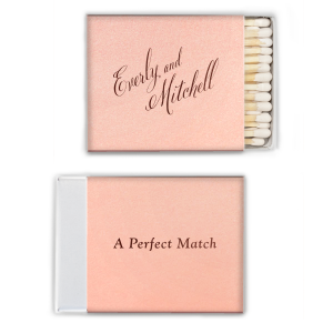Embrace the glamour of old Hollywood with the Elegant Script Names Matchbox design featuring the couple's names in a lavish script angled across the front. Turn it over for a playful twist with "A Perfect Match" in crisp block letters, adding a contemporary nod to a timeless love story.