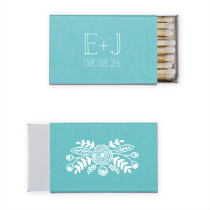 The Floral Crown Matchbox design radiates homespun whimsy with its simple, sweet font highlighting the couple's initials and event date. The back enchants with a hand-drawn foliage burst and a central peony, symbolizing the blossoming union and romance of the couple's wedding day.