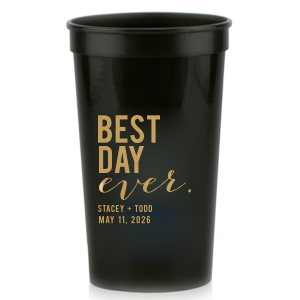 Raise a toast with the Best Day Ever Block Names Stadium Cup, where celebration is in every sip. It boldly declares "best day" in large, all-caps block letters, dramatically over "ever" in playful script. This emphatic statement is underscored by the couple's names and event date, making every drink a festive cheer.