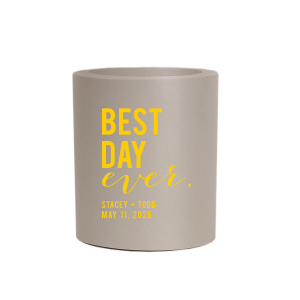 The Best Day Block Can Cooler features “Best Day” in bold, celebratory typography, with a playful “Ever” script accent above custom names and a commemorative date, for a fun statement. Choose it to keep drinks chilled while adding a custom detail. Perfect for wedding receptions or lively after-parties.