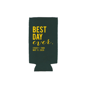 The Best Day Block Can Cooler features “Best Day” in bold, celebratory typography, with a playful “Ever” script accent above custom names and a commemorative date, for a fun statement. Choose it to keep drinks chilled while adding a custom detail. Perfect for wedding receptions or lively after-parties.