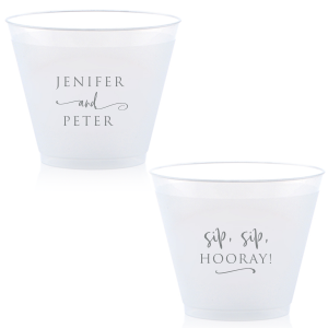 Raise your cups to cheer with the Stacked and Swirled/Sip Sip Hooray Frosted Cup—a design that celebrates love with elegance and a playful twist. Names are gracefully stacked, connected by a swirling flourish, while the reverse side exclaims "Sip Sip Hooray!", infusing joy into every toast.