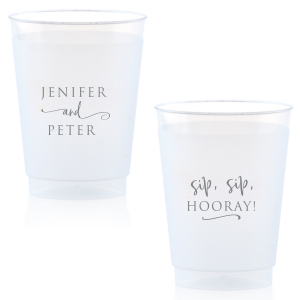 Raise your cups to cheer with the Stacked and Swirled/Sip Sip Hooray Frosted Cup—a design that celebrates love with elegance and a playful twist. Names are gracefully stacked, connected by a swirling flourish, while the reverse side exclaims "Sip Sip Hooray!", infusing joy into every toast.
