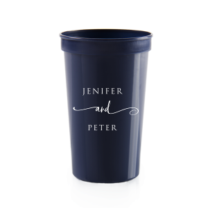 The Elegant Union Cup displays the couple's names, neatly stacked with artistic flair. A flowing flourish artistically intertwines the word 'and', adding a touch of whimsy. This design beautifully balances simplicity with a hint of fancy, making it a charming personalized detail for any event.