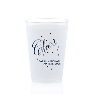 Toast in style with the Cheers Bubble Cup, brimming with effervescence. The word "Cheers" is beautifully rendered in swirling script, surrounded by lively bubble dots, capturing a sense of bubbly joy. Below, the couple's names and event date in block font add a personalized touch to this vibrant celebratory design.