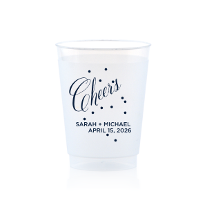 Toast in style with the Cheers Bubble Cup, brimming with effervescence. The word "Cheers" is beautifully rendered in swirling script, surrounded by lively bubble dots, capturing a sense of bubbly joy. Below, the couple's names and event date in block font add a personalized touch to this vibrant celebratory design.