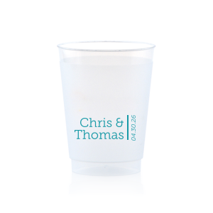 This Names & Vertical Date Cup features the couple’s names and event date vertically arranged with a modern, clean layout centered on the surface. Choose it to create polished drinkware that feels timeless and intentional. Refined for weddings, engagement parties, or rehearsal dinners.