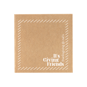 It’s Giving Friends Napkin is a natural kraft cocktail napkin with a white stitched border, bold stacked “It’s Giving Friends” type, and a customizable side tag—made for Friendsgiving, potlucks, and cozy fall hangs.