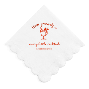 Merry Little Cocktail Scallop Napkin is a bright white, scalloped-edge cocktail napkin printed in cheerful holiday red with “Have yourself a merry little cocktail,” a cozy mug illustration, and a customizable line—festive polish for holiday happy hours, office parties, and bar carts.