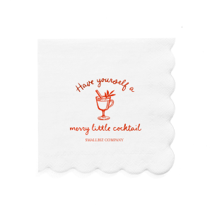 Merry Little Cocktail Scallop Napkin is a bright white, scalloped-edge cocktail napkin printed in cheerful holiday red with “Have yourself a merry little cocktail,” a cozy mug illustration, and a customizable line—festive polish for holiday happy hours, office parties, and bar carts.