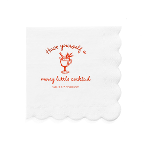Merry Little Cocktail Scallop Napkin is a bright white, scalloped-edge cocktail napkin printed in cheerful holiday red with “Have yourself a merry little cocktail,” a cozy mug illustration, and a customizable line—festive polish for holiday happy hours, office parties, and bar carts.