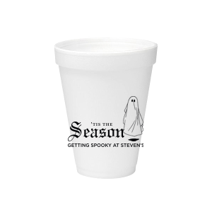 Getting Spooky Cup is a frosted reusable stadium cup printed in inky black with gothic “’Tis the Season,” a cute sheet‑ghost, and a personalized tagline—perfect for Halloween parties, boos & brews, and trick‑or‑treat stations.