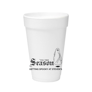 Getting Spooky Cup is a frosted reusable stadium cup printed in inky black with gothic “’Tis the Season,” a cute sheet‑ghost, and a personalized tagline—perfect for Halloween parties, boos & brews, and trick‑or‑treat stations.