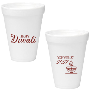 Happy Diwali Cup is a bright marigold stadium cup with “Happy Diwali” in elegant script on the front and a date with a diya icon on the back—sturdy, reusable, and perfect for party drinks, chai stations, and sweet tables.