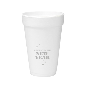 Ringin’ In The New Year Cup is a sleek black shot cup stamped with bold white type and twinkling stars—perfect for countdown shots, bar carts, and party favors.