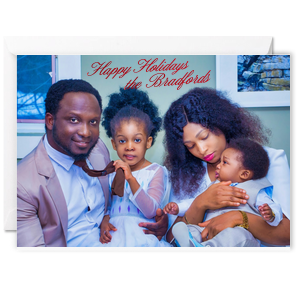 Script Happy Holidays Invitation is a full‑bleed photo card topped with elegant red calligraphy—“Happy Holidays” plus your family name. Festive, timeless, and perfect for holiday parties or seasonal greetings; includes matching white envelopes.