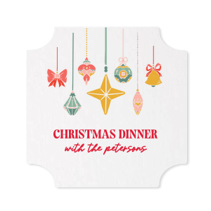 Christmas Dinner Coaster is a round white pulpboard coaster decked with retro hanging ornaments—gold star, bows, bell, and baubles—in red, sage, and blush, finished with bold red “Christmas Dinner” personalization. Festive, photo‑ready protection for holiday cocktails and cocoa.