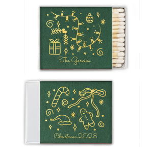 Christmas Illustrations Matchbox is a pine‑green slide matchbox wrapped in whimsical gold line art—twinkle lights, ornaments, candy cane, bow, gingerbread—personalized with your name and year. Festive favors for stockings, candle gifts, and holiday tables.
